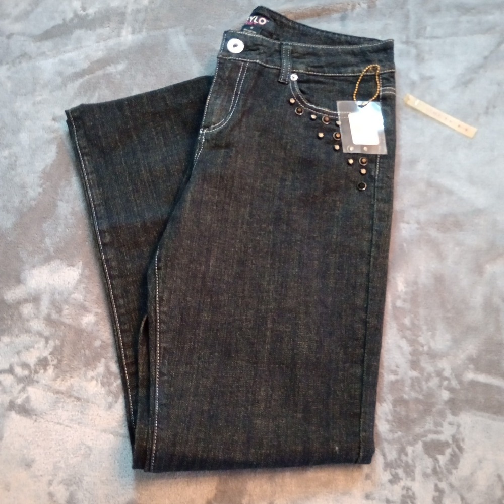 FYLO Jeans Women's size 6 Bootcut‎ Mid Rise Stretch Denim Blue Studs Embellished